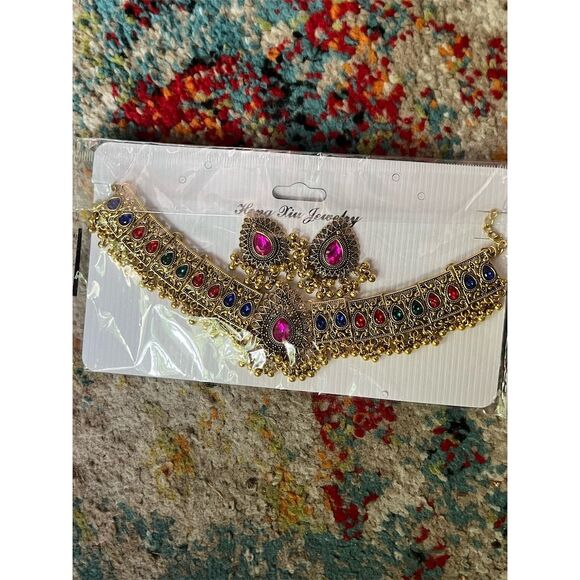 Traditional Indian Jewelry Set Necklace & Earrings Multicolored Stones - Picture 2 of 8